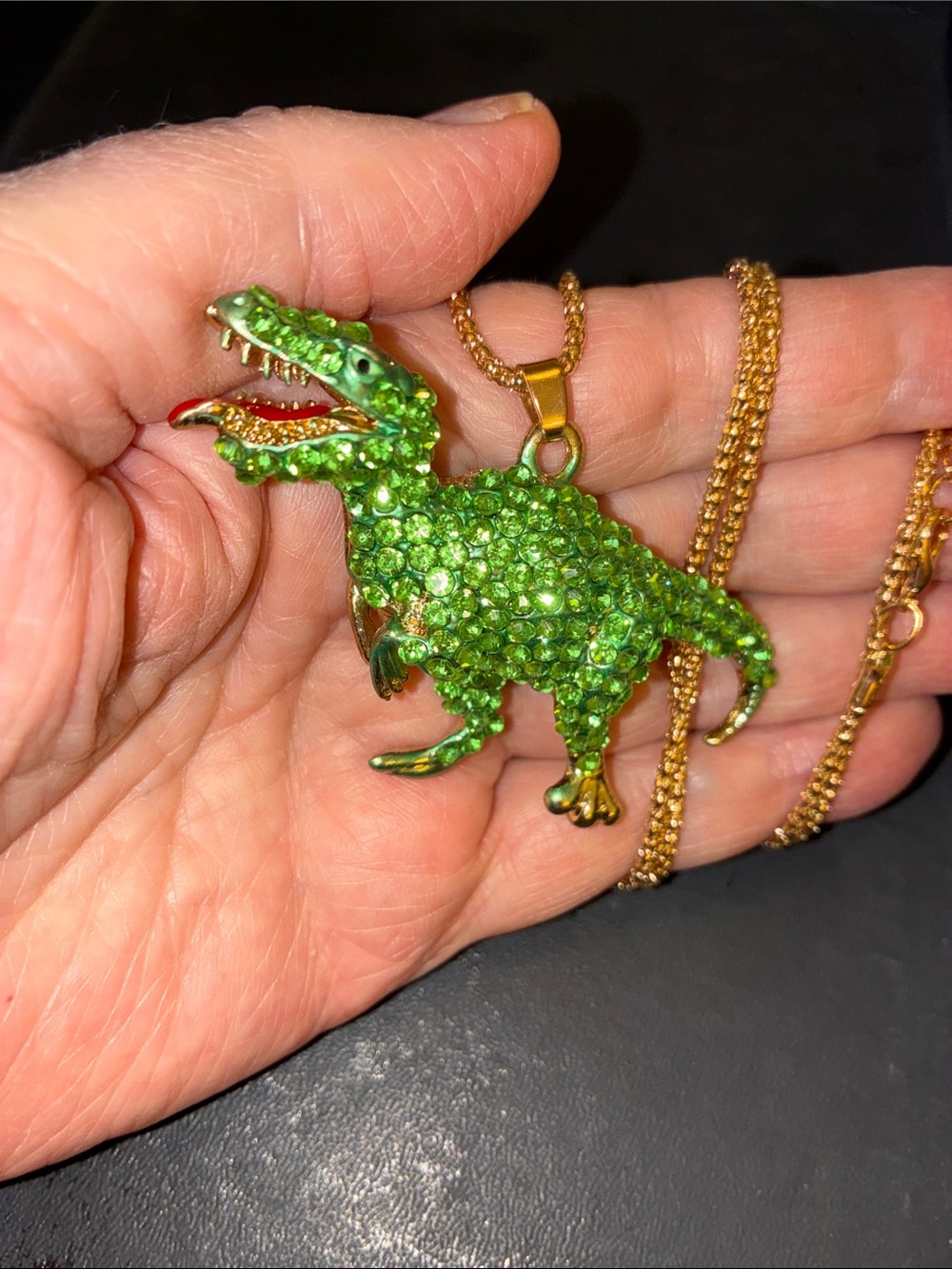 Green Crystal Dinosaur Pendant Necklace - Gold-Tone Chain